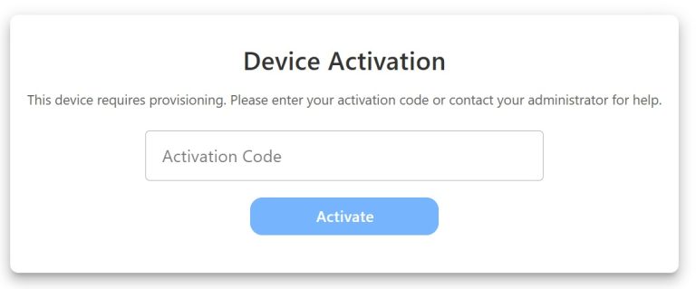 Device Activation dialog asking for an activation code to provision the device, with an input field and Activate button.