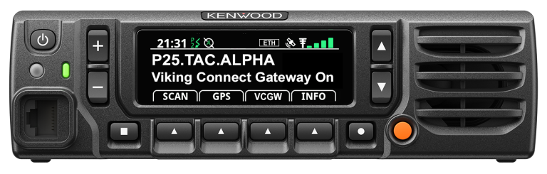 Front view of a Kenwood car radio with a black display showing 'P25.TAC.ALPHA Viking Connect Gateway On' and labeled buttons beneath the screen.